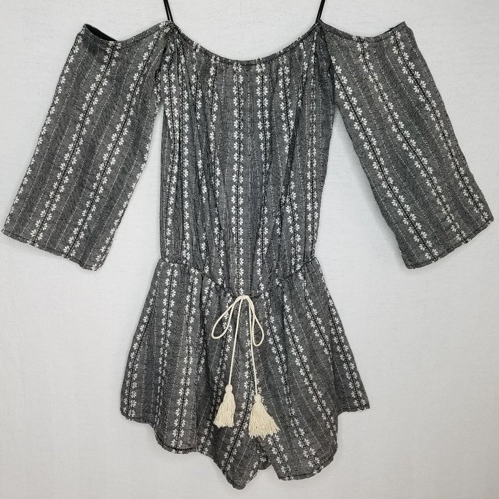 Sage Romper Off the Shoulder‎ Striped Floral Gray